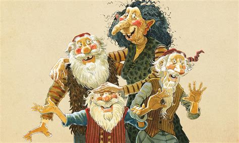 an image of three gnomes with one pointing at the other's head and holding his hands out