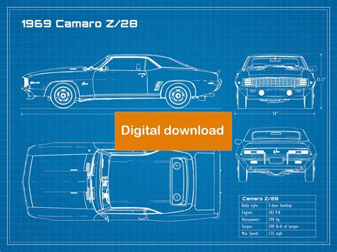 1969 Chevrolet Camaro Z/28 Blueprint Poster 18x24 JPEG Image File - Etsy