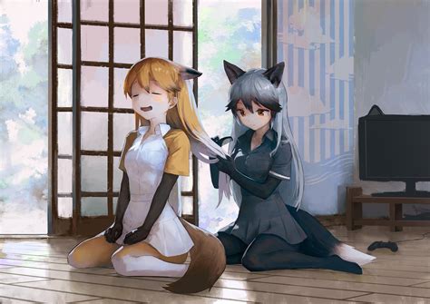 1364x768 resolution | two female anime characters, animal ears, Kemono Friends, pantyhose ...