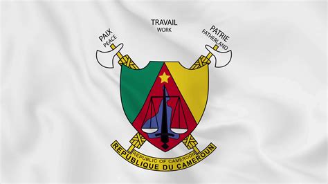 national emblem coat of arms or symbol of Cameroon in waving flag ...