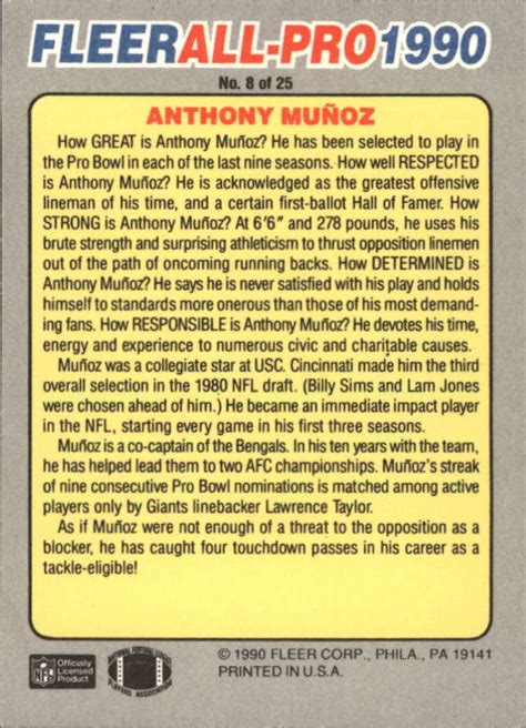 Anthony Munoz 1990 FLEER ALL-PRO #8 Football Card – DJS Pokemon Cards