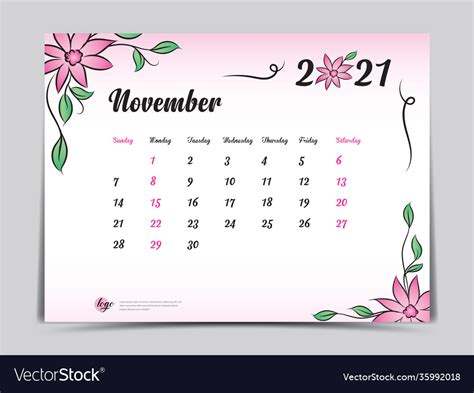 Calendar 2021 template -november 2021-pink flower Vector Image