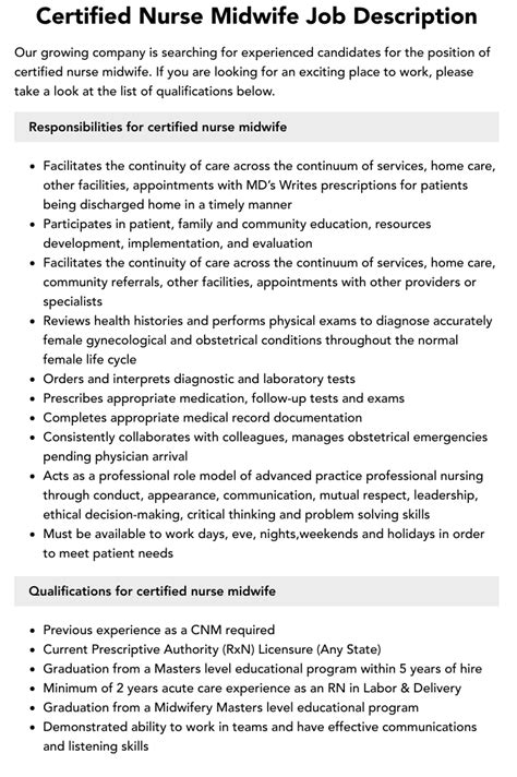 Certified Nurse Midwife Job Description | Velvet Jobs