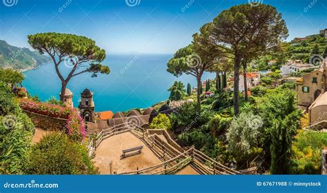 Amalfi Coast from Villa Rufolo Gardens in Ravello, Campania, Italy Stock Photo - Image of ...