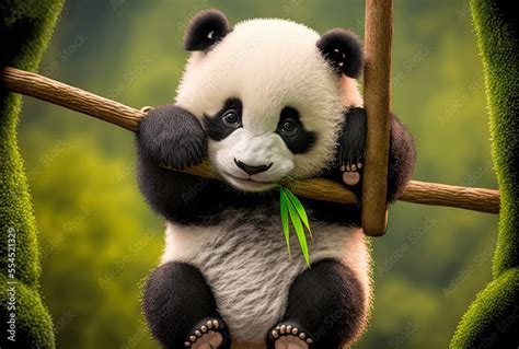 Cute and humorous baby panda hanging from bamboo. Generative AI Stock Illustration | Adobe Stock