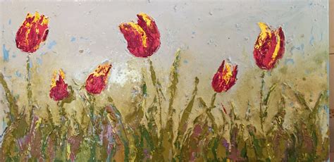 a painting of red tulips in the grass