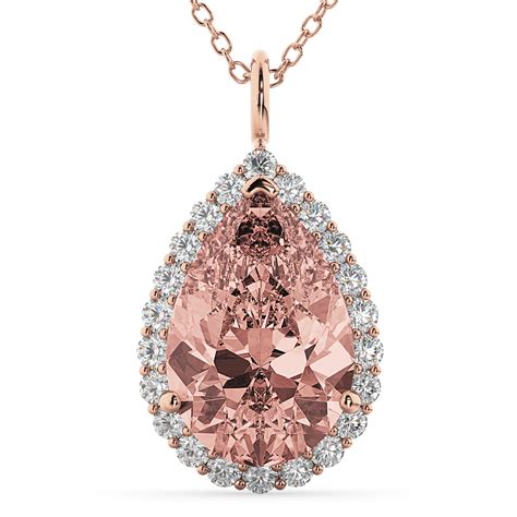 Halo Morganite & Diamond Pear Shaped Pendant Necklace 14k Rose Gold 4.04ct - AD4604