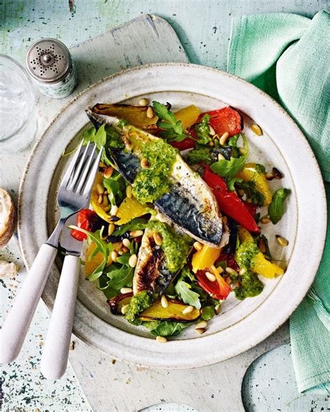 Grilled mackerel with orange and basil-dressed pepper salad recipe | delicious. magazine