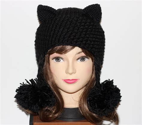 Crochet Cat Ears Hat Cat Ears Beanie Black Cat Beanie Hat | Etsy