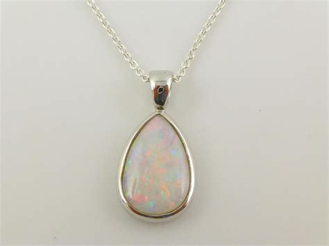 White Opal Teardrop Cabochon Sterling Silver Pendant Link Chain Necklace | Sterling silver ...