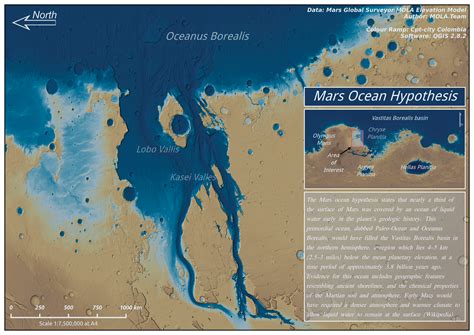 Map I made of a Mars illustrating its hypothesised ancient ocean [created using QGIS 2.8 and ...