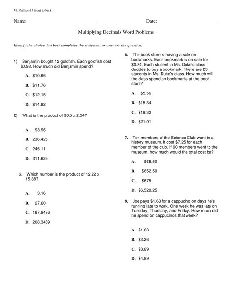 Multiplying Decimals Word Problems Worksheet With Answer Key Download Printable PDF | Templateroller