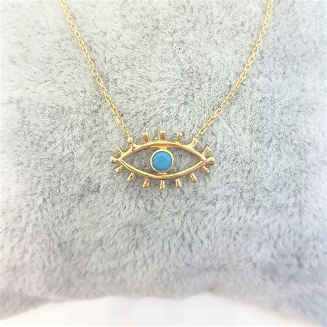 14K Real Solid Gold Turquoise Evil Eye Necklace For Women