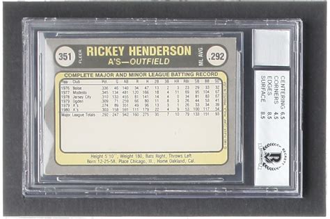 Rickey Henderson Signed 1981 Fleer #351 / Most Stolen Bases AL (BGS 5 | Autograph Graded 10 ...