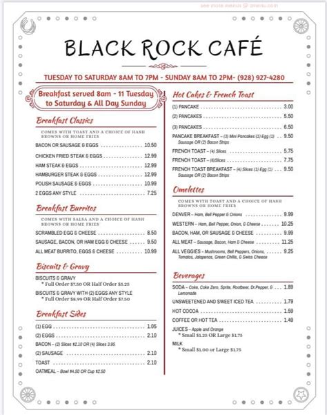 Menu at Black Rock Cafe, Brenda, US-60