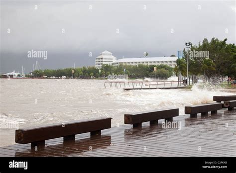 Storm surge along the Cairns Esplanade. Cairns, Queensland, Australia ...