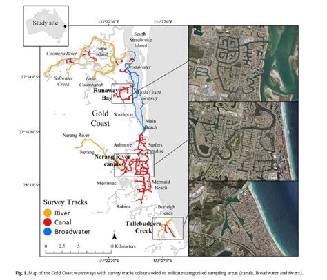 Map of the Gold Coast waterways with survey tracks colour coded to... | Download Scientific Diagram