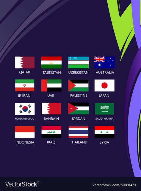 Asian nations 2023 flags teams emblems countries Vector Image