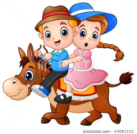 Cartoon boy and girl riding a horse - Stock Illustration [43091313] - PIXTA