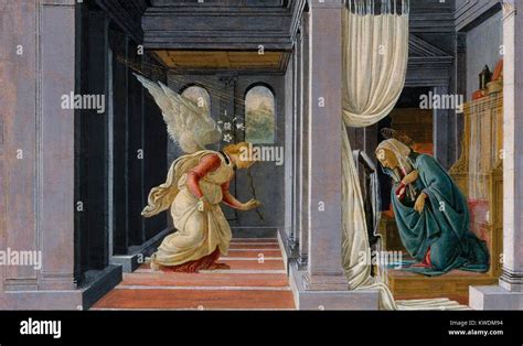 THE ANNUNCIATION, by Botticelli, 1485-92, Italian Renaissance painting, tempera, gold on wood ...