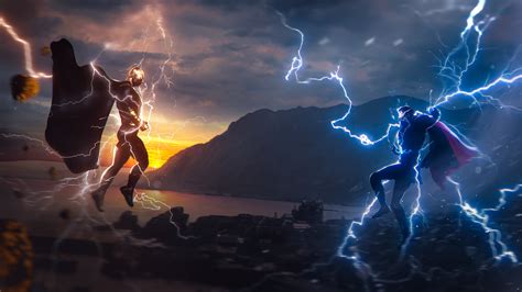 Black Adam vs Thor Wallpaper 4K, Crossover, Fusion, DC Superheroes