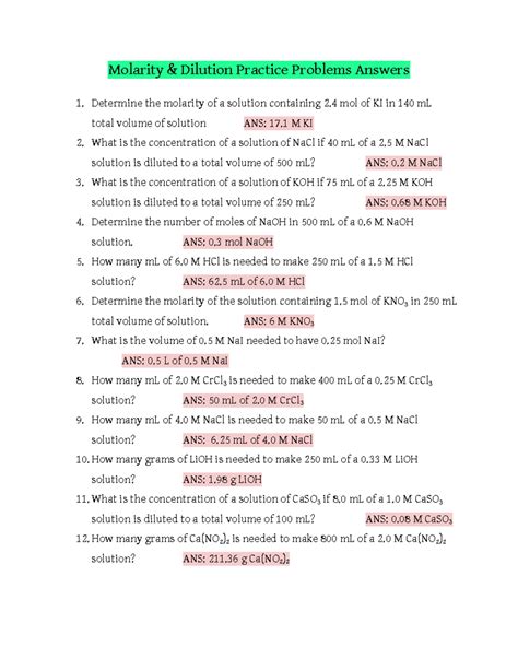 Molarity And Dilution Worksheet - kidsworksheetfun