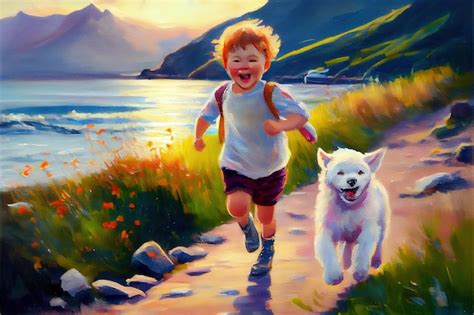 Premium AI Image | A painting of a boy and his dog