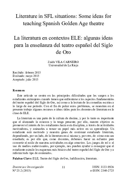 (PDF) Literature in SFL situations: Some ideas for teaching Spanish ...