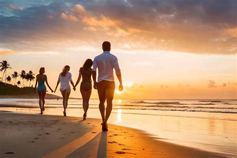 Premium Photo | A group of people walking on a beach at sunset