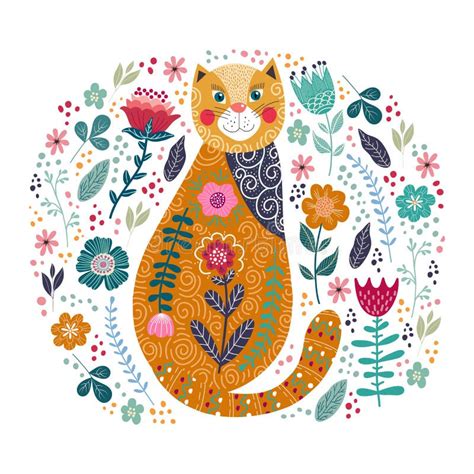 Art Vector Colorful Illustration With Cute Cat And Flowers On A White Background Stock Vector ...