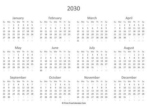 Free Printable Calendar 2030