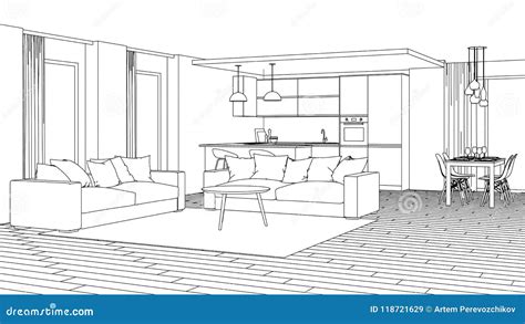 Modern House Interior. Design Project. Sketch Stock Illustration - Illustration of modern ...