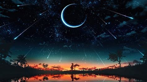 Sunset, Starry, Night, Sky, Moon, Stars, Anime, Scenery, 4K, #6.2615 ...