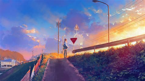 Download wallpaper 1920x1080 sunset, pathway, anime girl, original, full hd, hdtv, fhd, 1080p ...