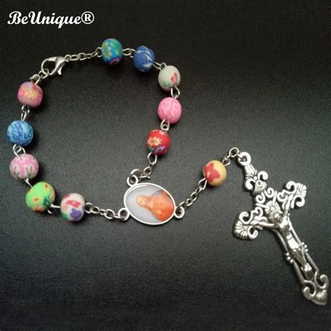 Catholic Cross rosary bracelet Colorful soft pottery bead cross necklace pendant polymer clay ...