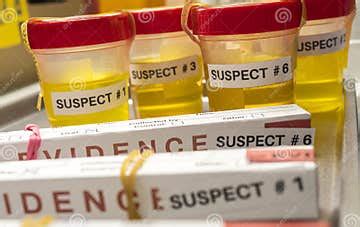 Various Containers with Human Urine, Crime Lab, Murder Suspects Labelled on Each Stock Photo ...