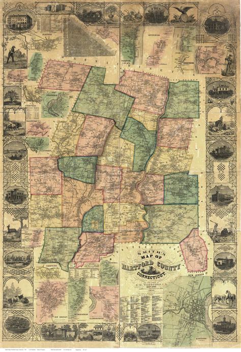 Map of Hartford County CT 1855 Wallmap Reprint