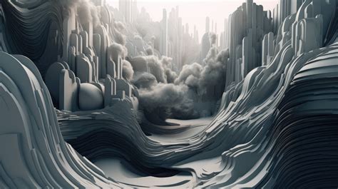 This 3D abstract landscape features a composition of surreal architecture and atmospheric ...