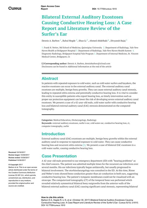 (PDF) Bilateral External Auditory Exostoses Causing Conductive Hearing Loss: A Case Report and ...