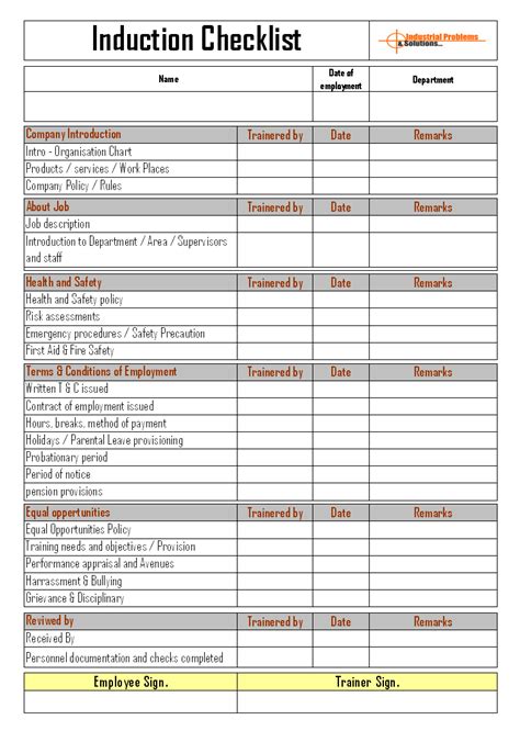 Induction Checklist Format