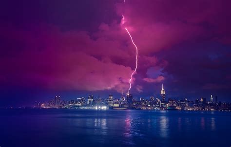 Wallpaper river, lightning, New York, night city, Manhattan, Manhattan ...