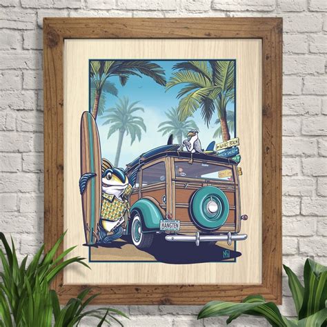 Surfing Woody Wagon Art Print, Tropical Beach Illustration, Giclee, Surfboard Art, Tiki Room Art ...