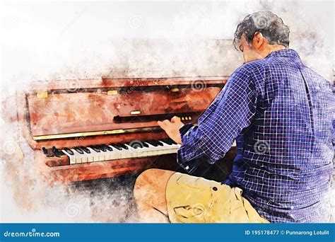 Young Man Playing Piano Music in Home on Watercolor Illustration Painting Background. Stock ...