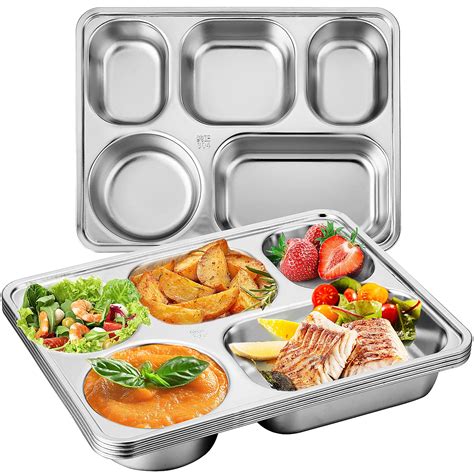 Buy 5 Pack Stainless Steel Rectangular Divided Dinner Tray Metal Dinner ...