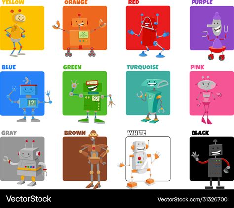 Basic colors set with cartoon robot characters Vector Image