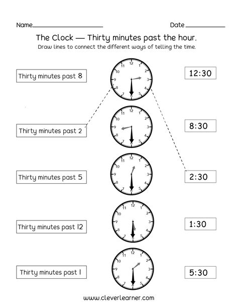 Half Hour Clock Worksheet For Kindergarten