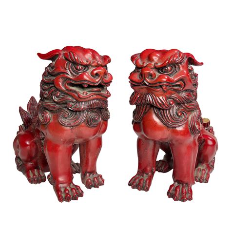 Vintage Pair of Red Lacquered Chinese Foo Dog Resin Statues - Scranton Antiques