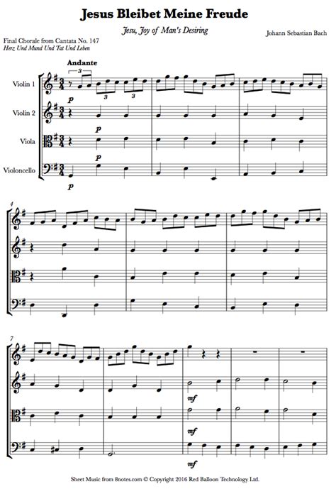 Bach - Jesu Joy of Mans Desiring sheet music for String Quartet - 8notes.com