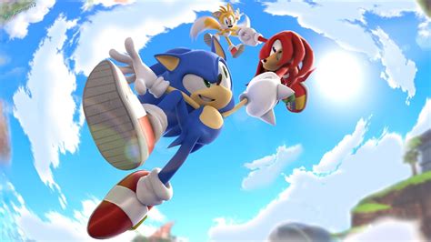 sonic and tails are flying through the air in front of a blue sky with clouds