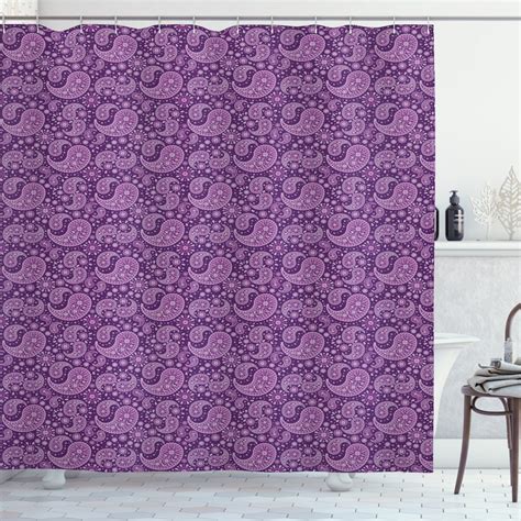 Purple Paisley Shower Curtain, Monochrome Design Graphic with Floral Motif Damask Print, Fabric ...